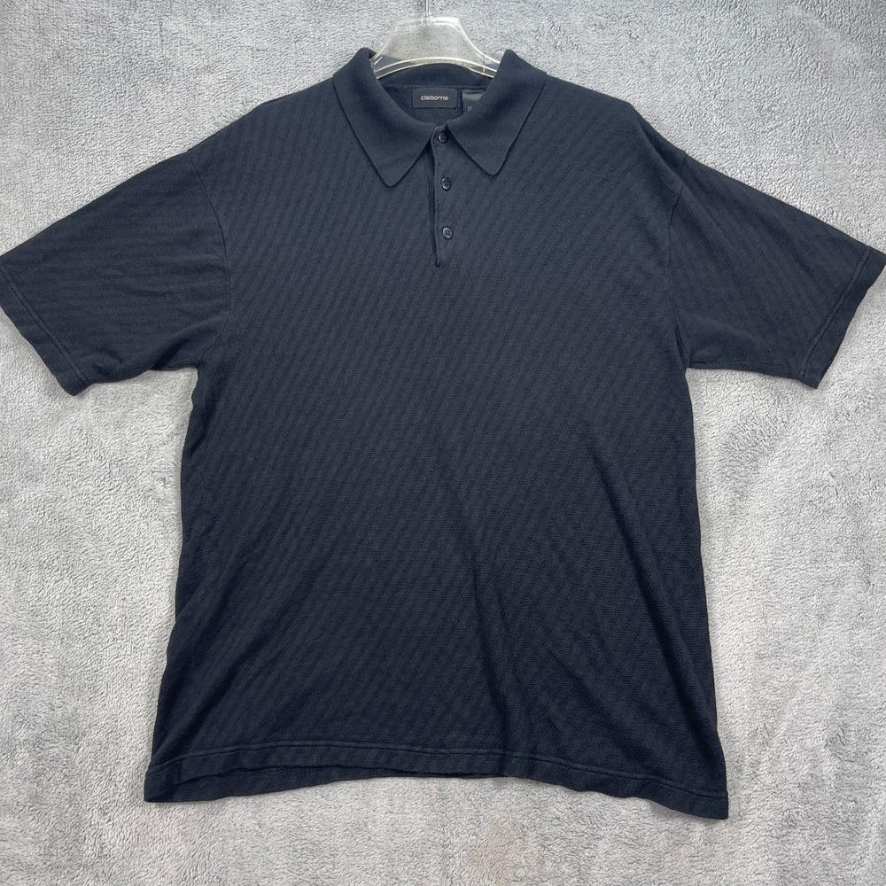 Claiborne Polo Shirt Mens XL Black Silk Viscose Knit Short Sleeve Textured